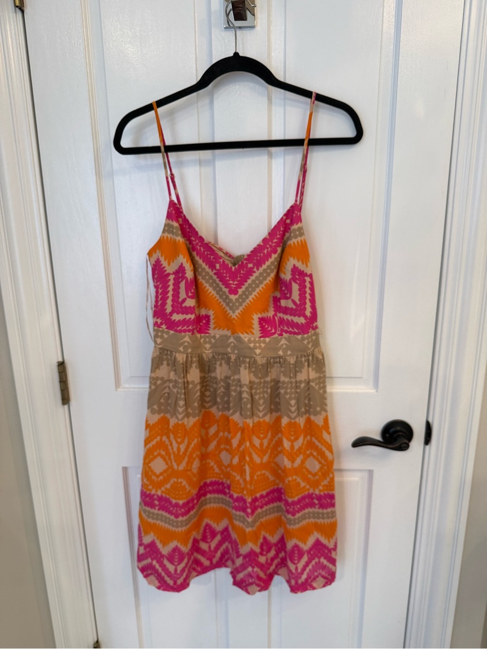Trina Turk Silk V-Neck Printed Summer Dress in Pink, Orange & Tan